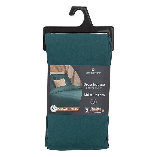 Drap-housse - percale - bleu - 140x190 cm - Atmosphera
