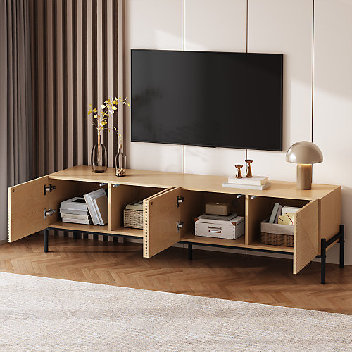 Meuble TV moderne 163.5x40x45 cm - Armoire de rangement à 4 portes - Texture 3D - Pieds en fer - MDF - Naturel
