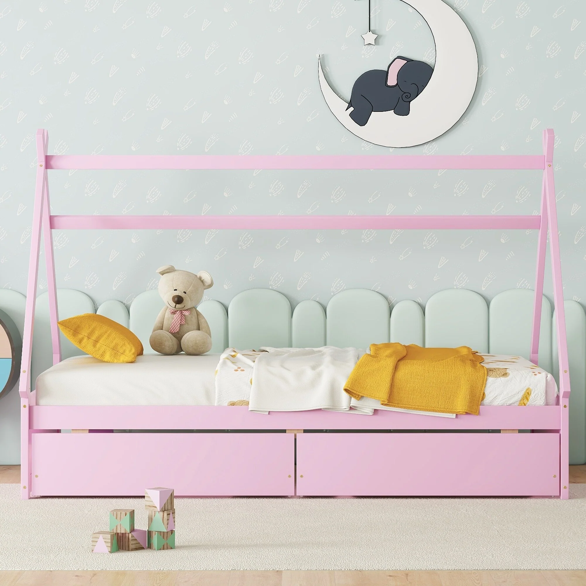 Pink Twin House Platform Bed with Drawers