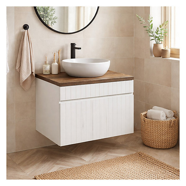 Ensemble ICON blanc : meuble sous vasque 80cm et plan pour vasque aspect bois foncé