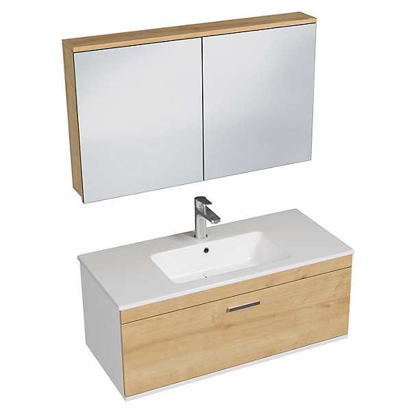 Meuble salle de bain simple vasque RUBITE 1 tiroir Chêne clair L. 100 cm   miroir armoire - Saniverre
