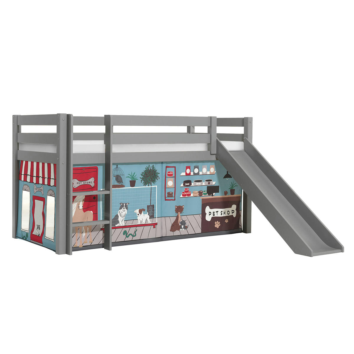 PINO - Lit mi-hauteur 90x200 toboggan sommier inclus housse pet shop vert