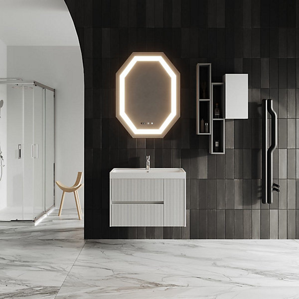 Meuble De Salle De Bain Suspendu De 80 Cm Avec Miroir Octogonal À Led Cortina