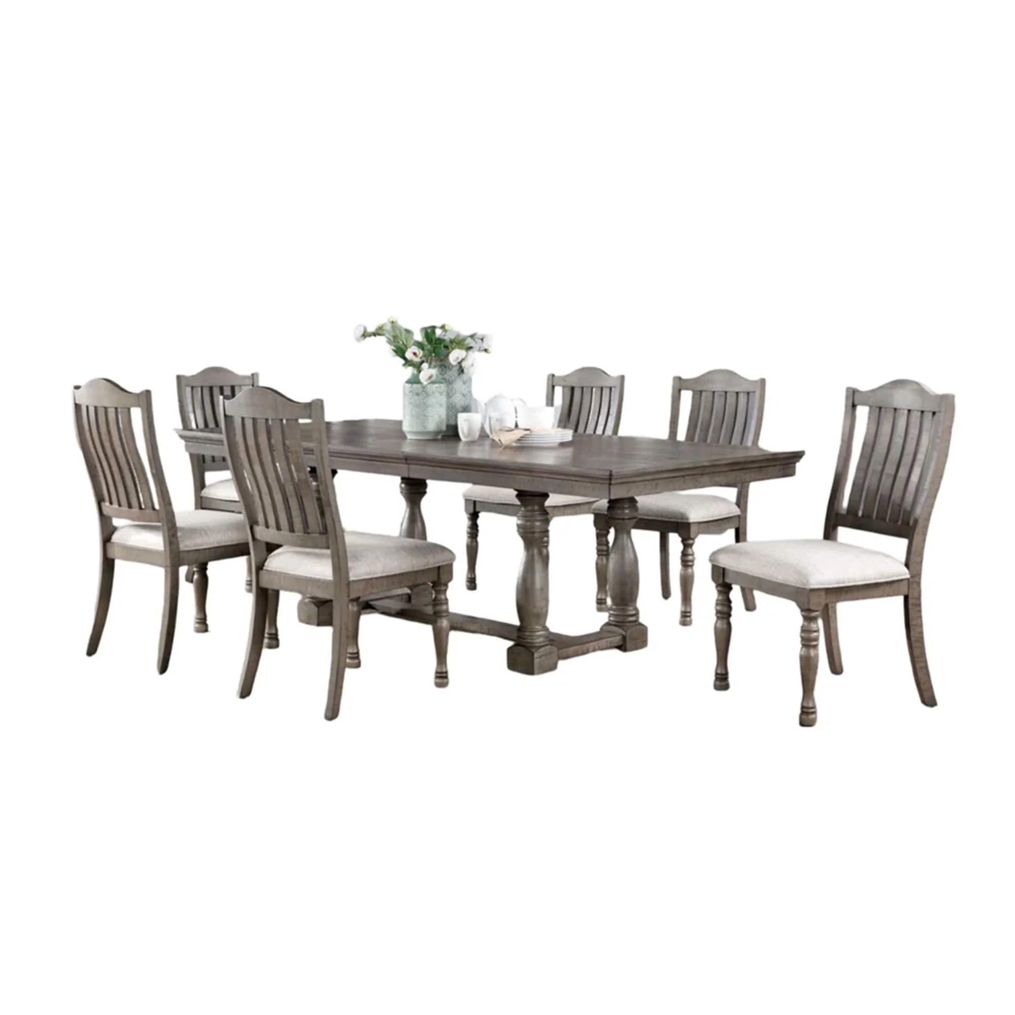 Cay 7pc Dining Table Chair Set, 72-90 Inch Extendable Top, Gray Linen