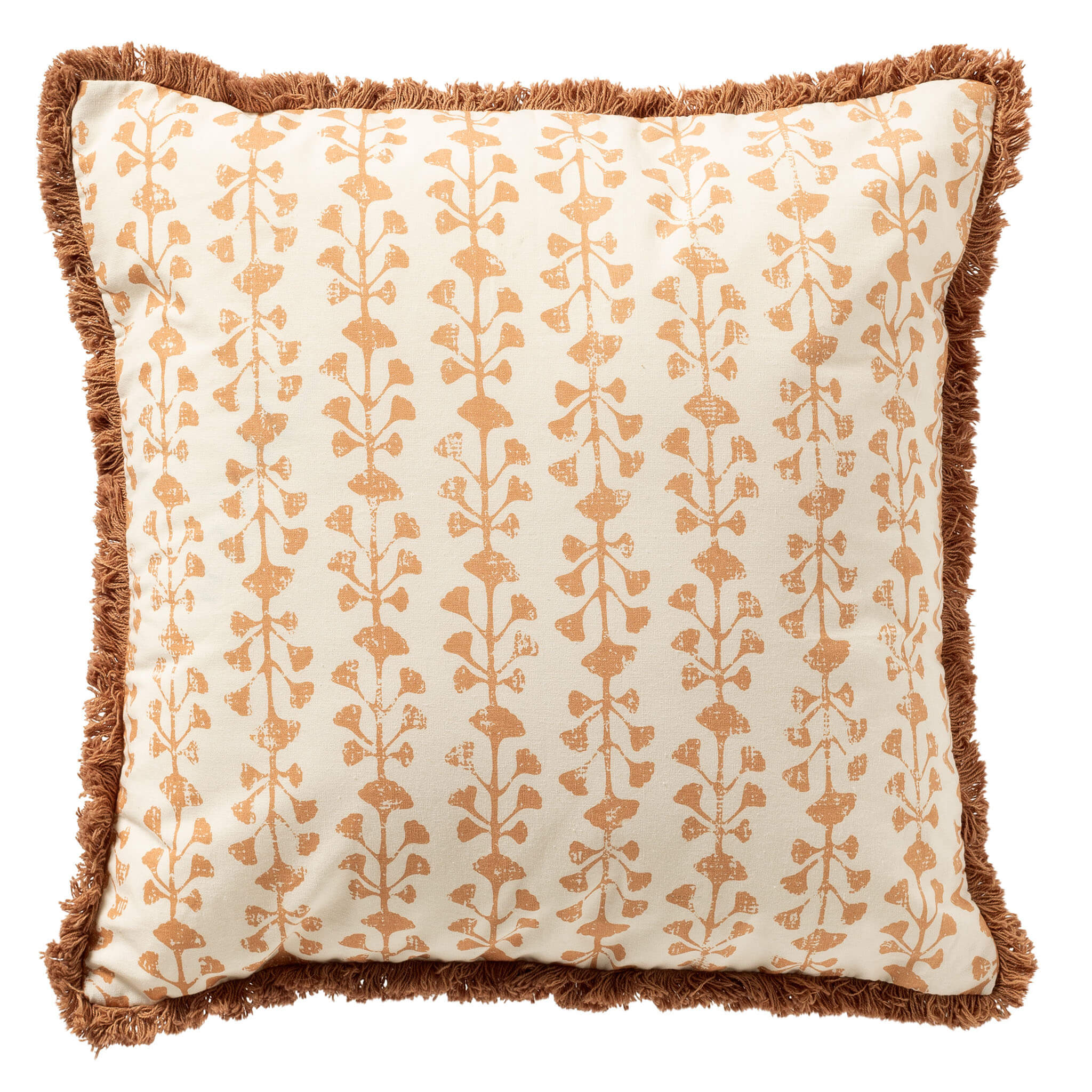 FRANCINE - sierkussen 45x45 cm - 100% katoen - bladmotief en franjes - Dusty Coral - roze