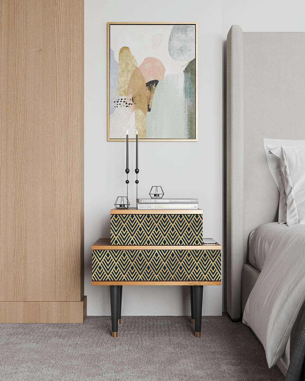 EGYPT TRIANGLES - Table de chevet bleu 2 tiroirs L 58 cm