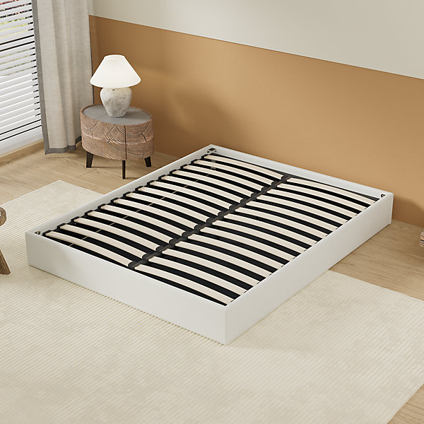 Lit Coffre 120 x 190 cm - Sommier à lattes en bois - Cadre en tissu blanc
