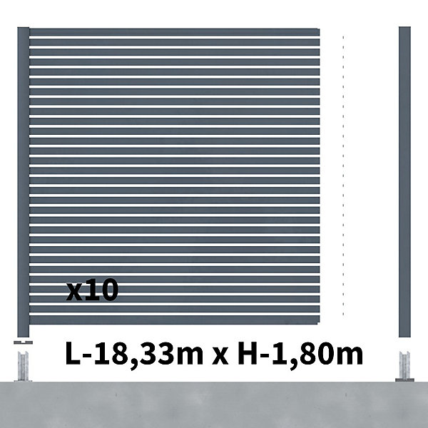 Kit Clôture Ajourée Aluminium OLINDA Anthracite 18,33x1,8m Poteaux sur Platines - Dimension des Lames : 21x45x1780 mm
