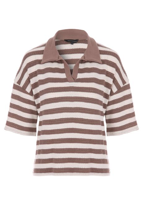 Womens Mocha Stripe Textured Collar Top