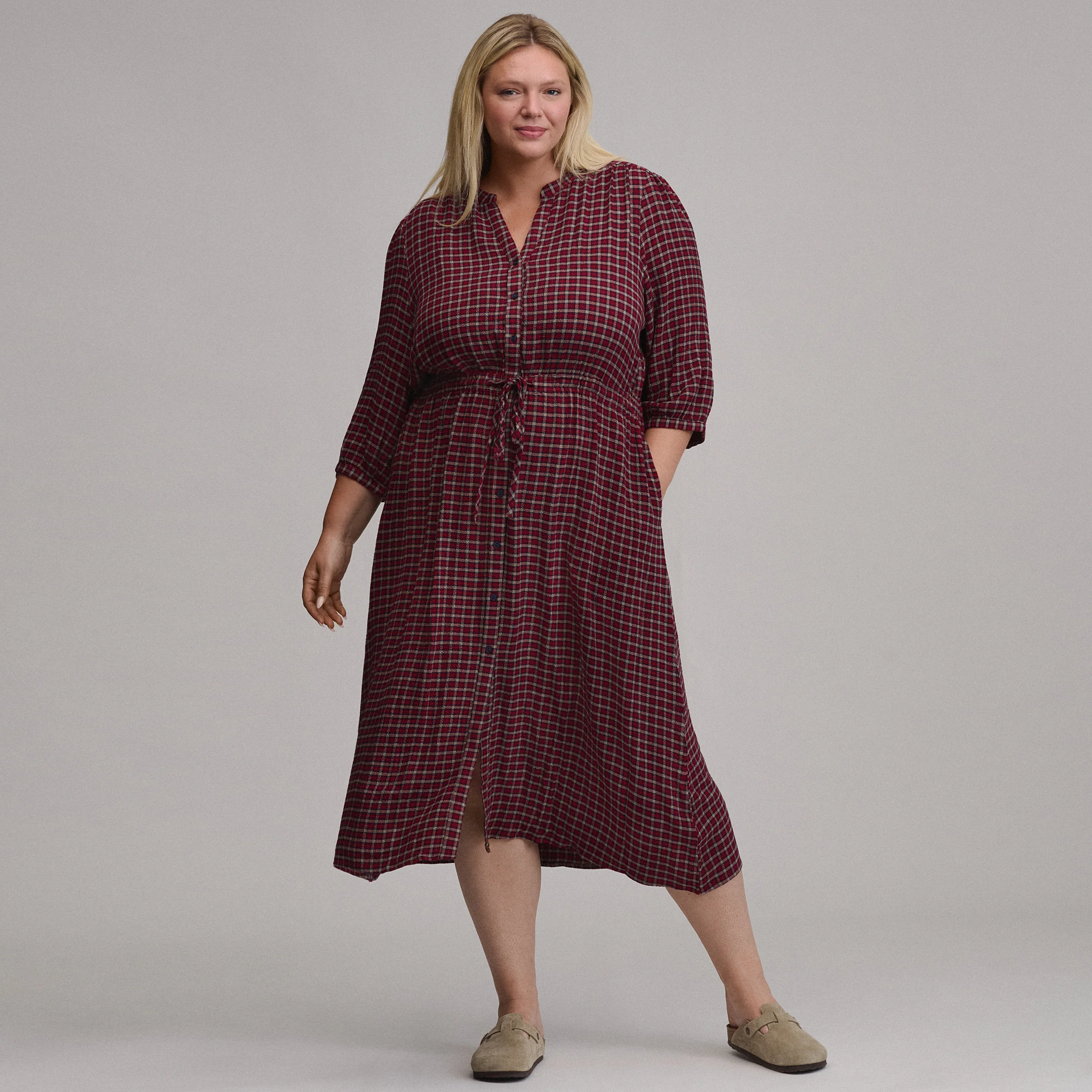 Women's Plaid Button Front Belted Midi Dress