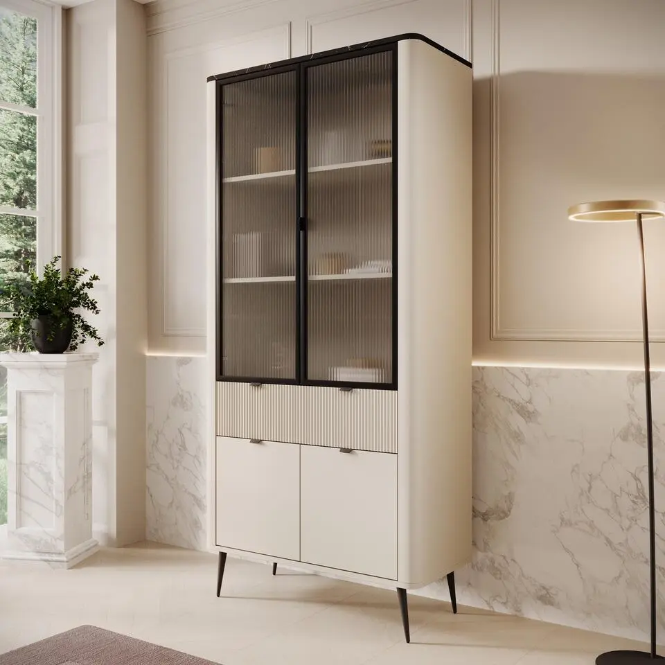 Meubella - Vitrinekast Mace - Beige - 90 cm - Met glas