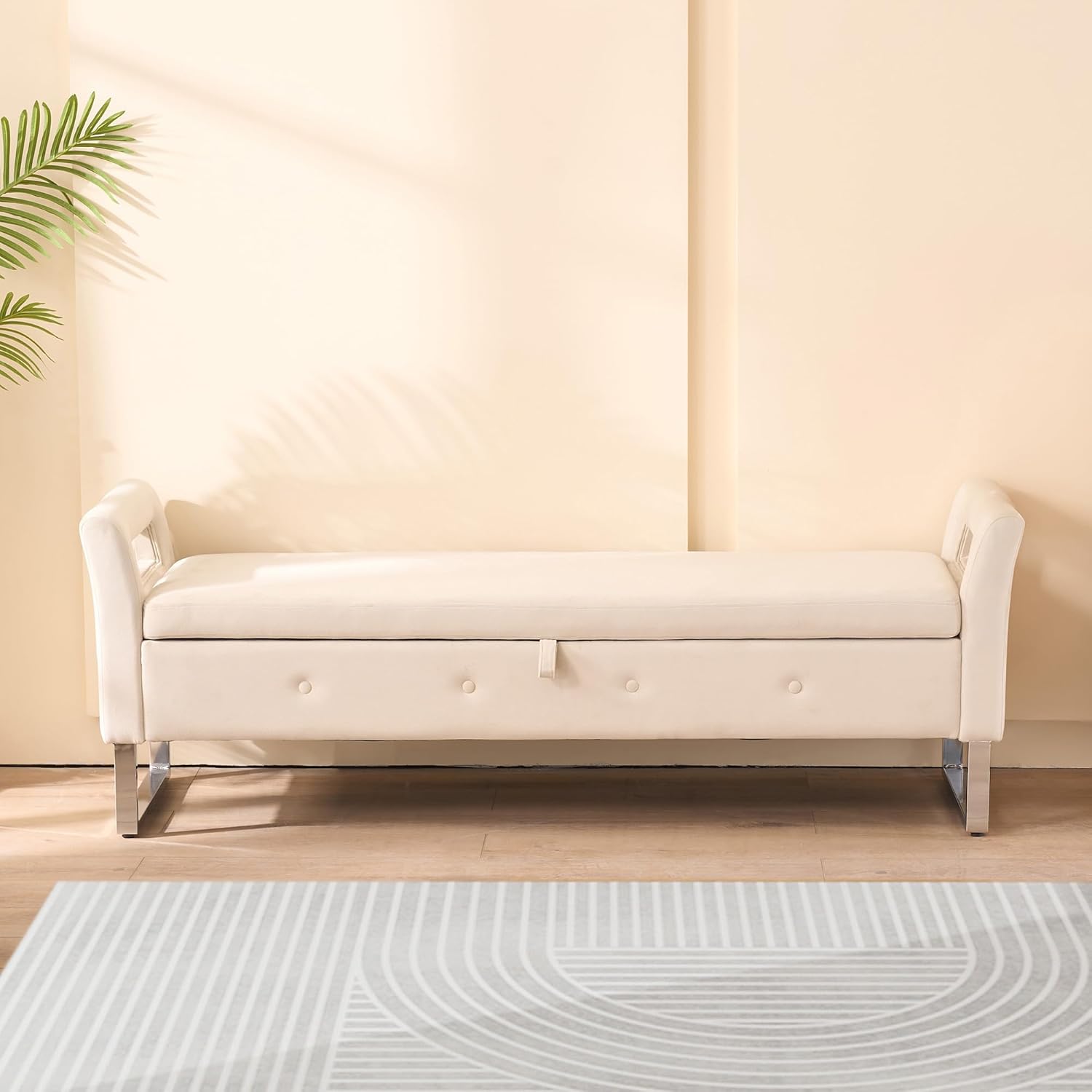 GDFStudio Velvet Storage Bench with Hidden Compartment - Upholstered Ottoman for Entryway, Bedroom, Living Room - Soft Foam Cushion, Sturdy Silver Metal Legs, Easy Assembly - Beige Storage Seat