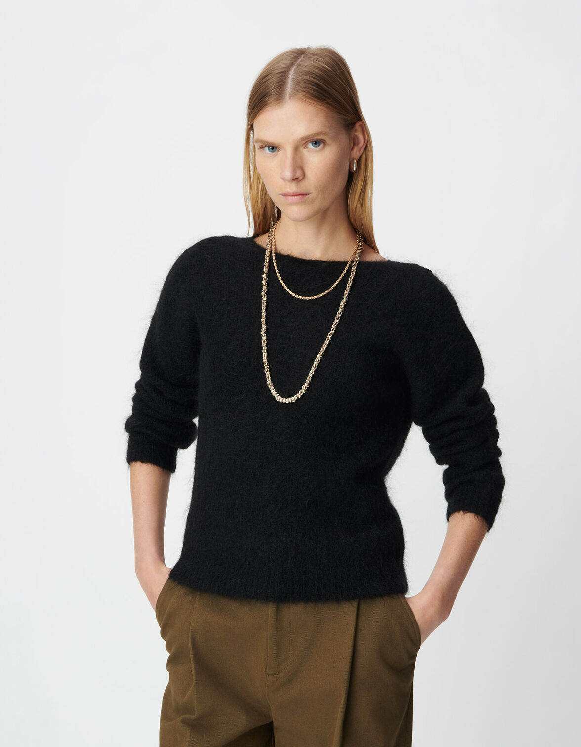 Pull noir tricot dentelle réversible devant/dos Femme