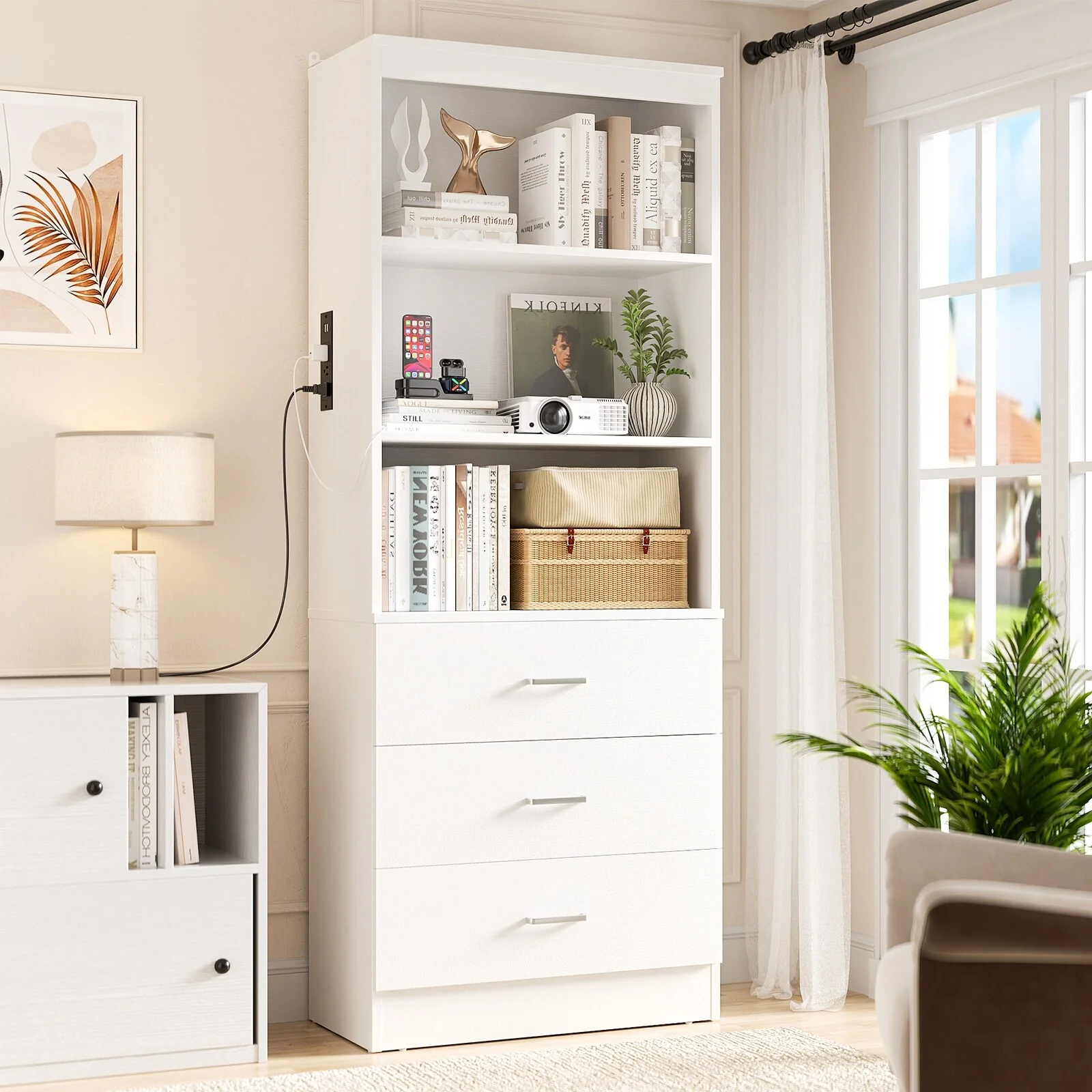 6-Tier 23.6'' Display Cabinet with Charging Station and Drawers, Bookcase Storage Shelf Kitchen Pantry