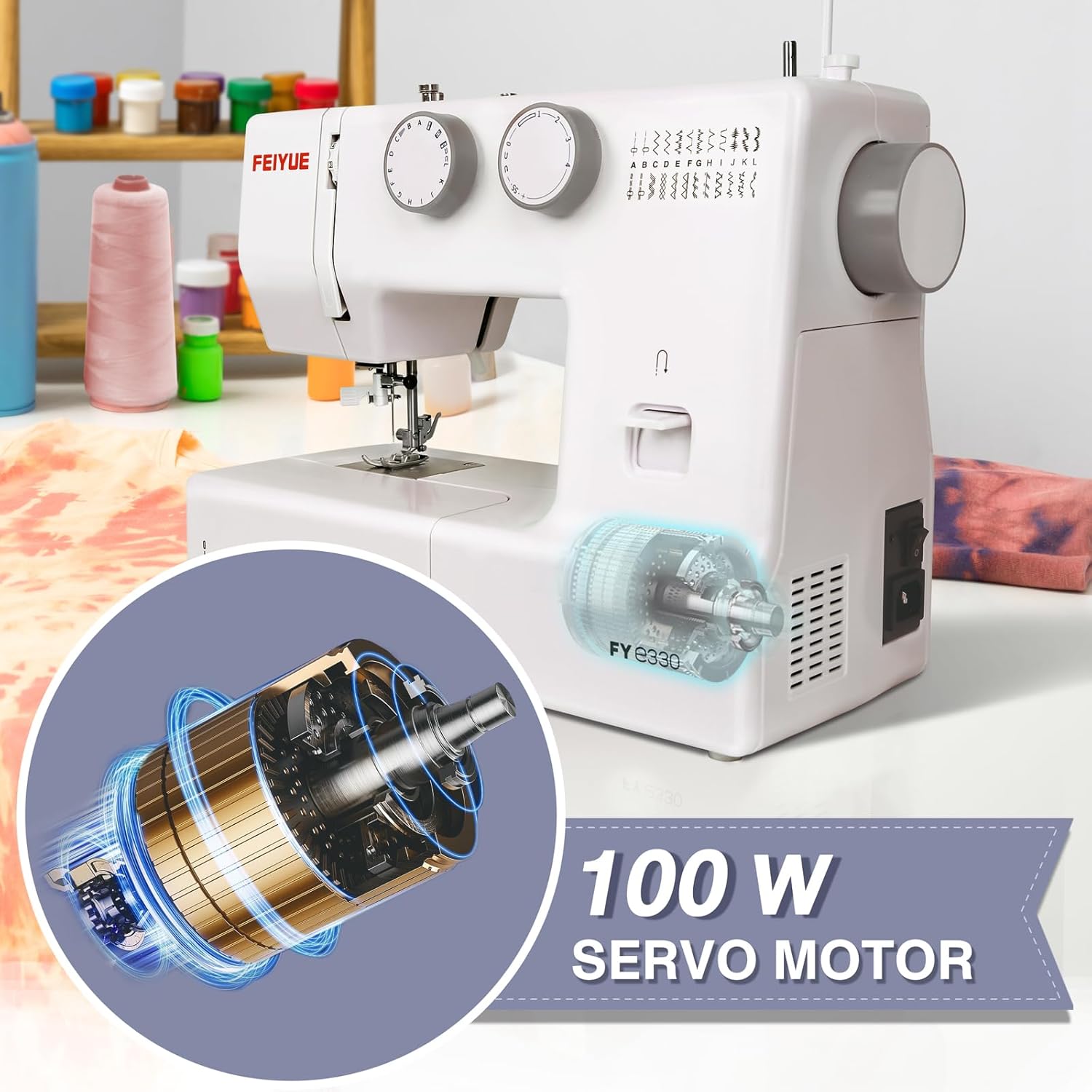 FEIYUE FYe330 Home Sewing Machine with Foot Pedal, Controllable Pedal Speed, 105 Stitch Applications, Powerful Servo Motor, Great for Beginners (White)
