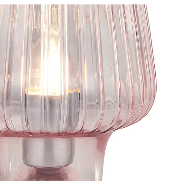 Lampe à poserBase pied verre strié Rose, douille metal argent satiné E27 max 60w Haut 21cm Diam 18cm ARIA