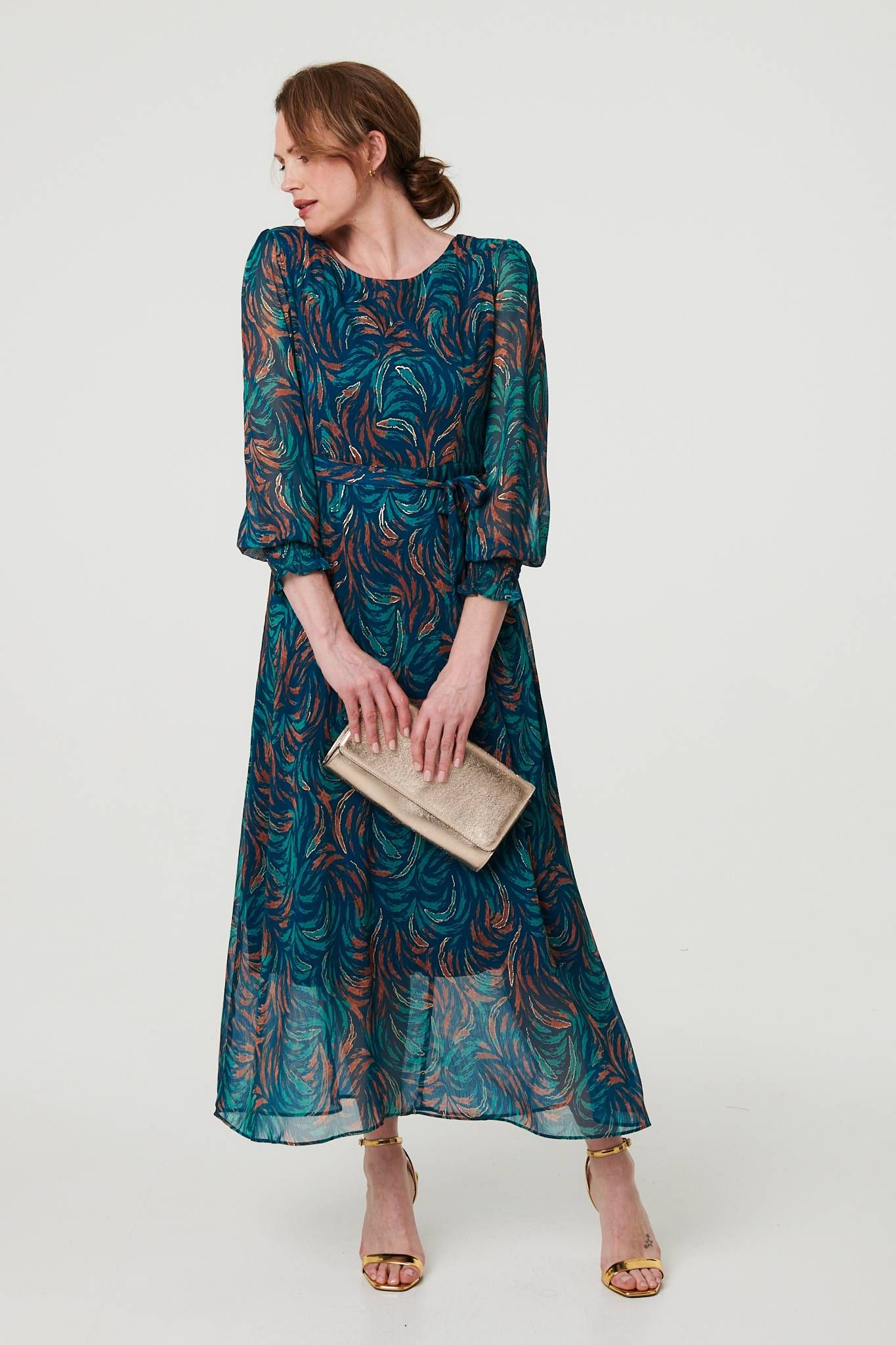 Izabel London Printed Long Sleeve Chiffon Midi Dress