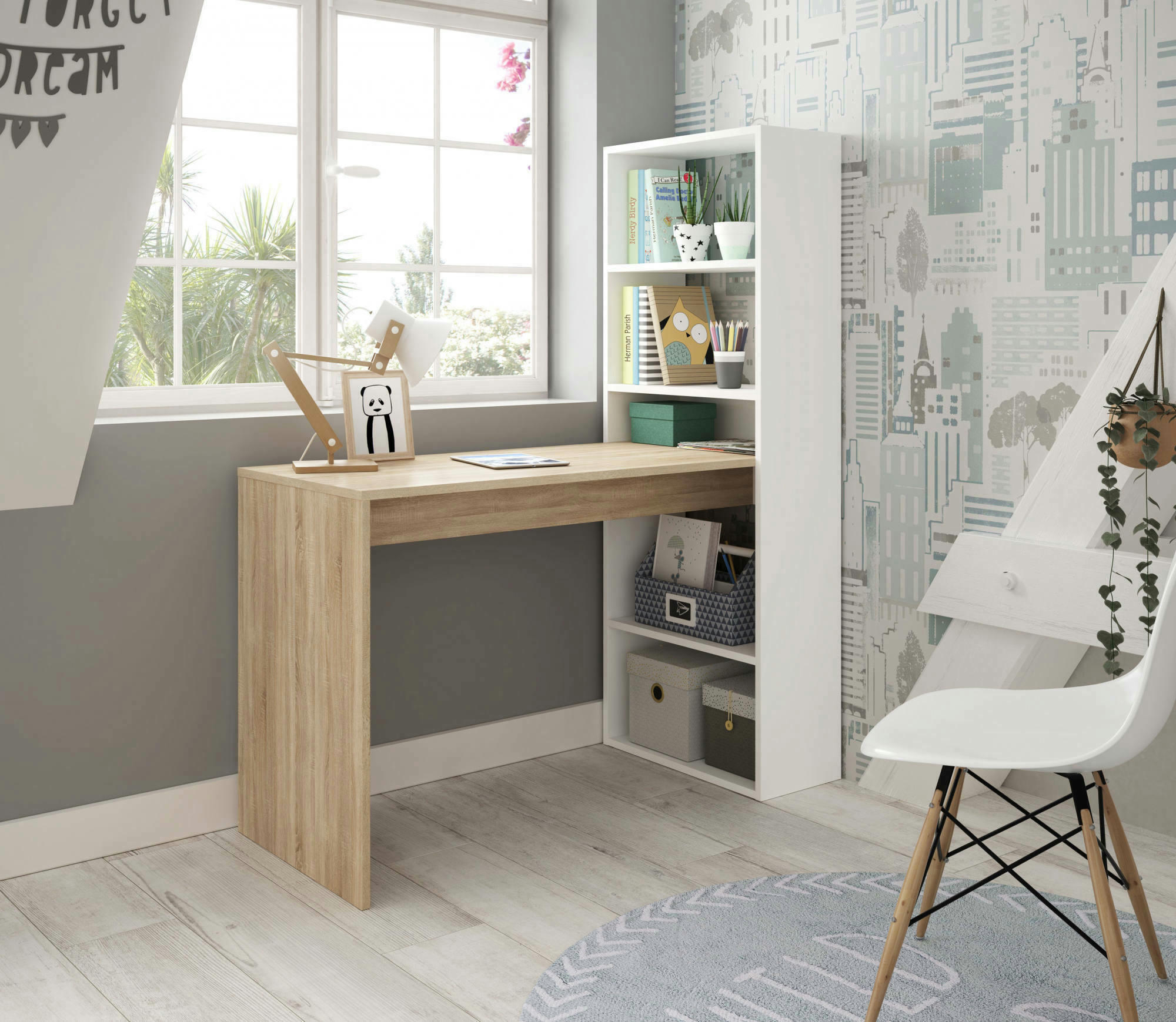 DACARTE - Bureau avec 5 étagères effet bois blanc et chêne