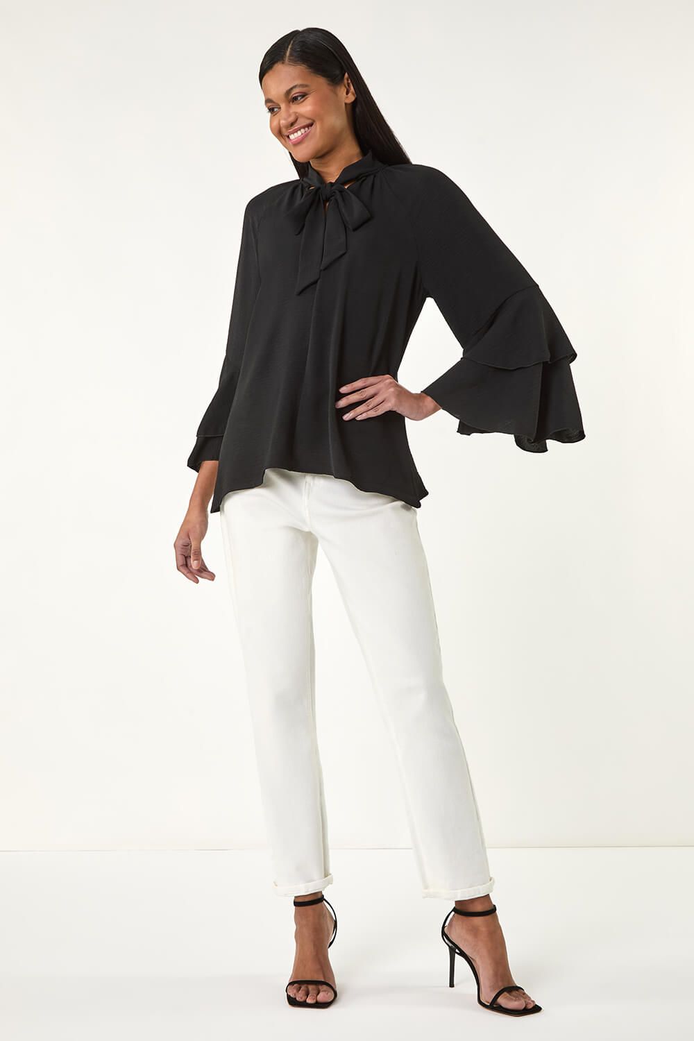 Roman Frilled Sleeve Tie Front Top