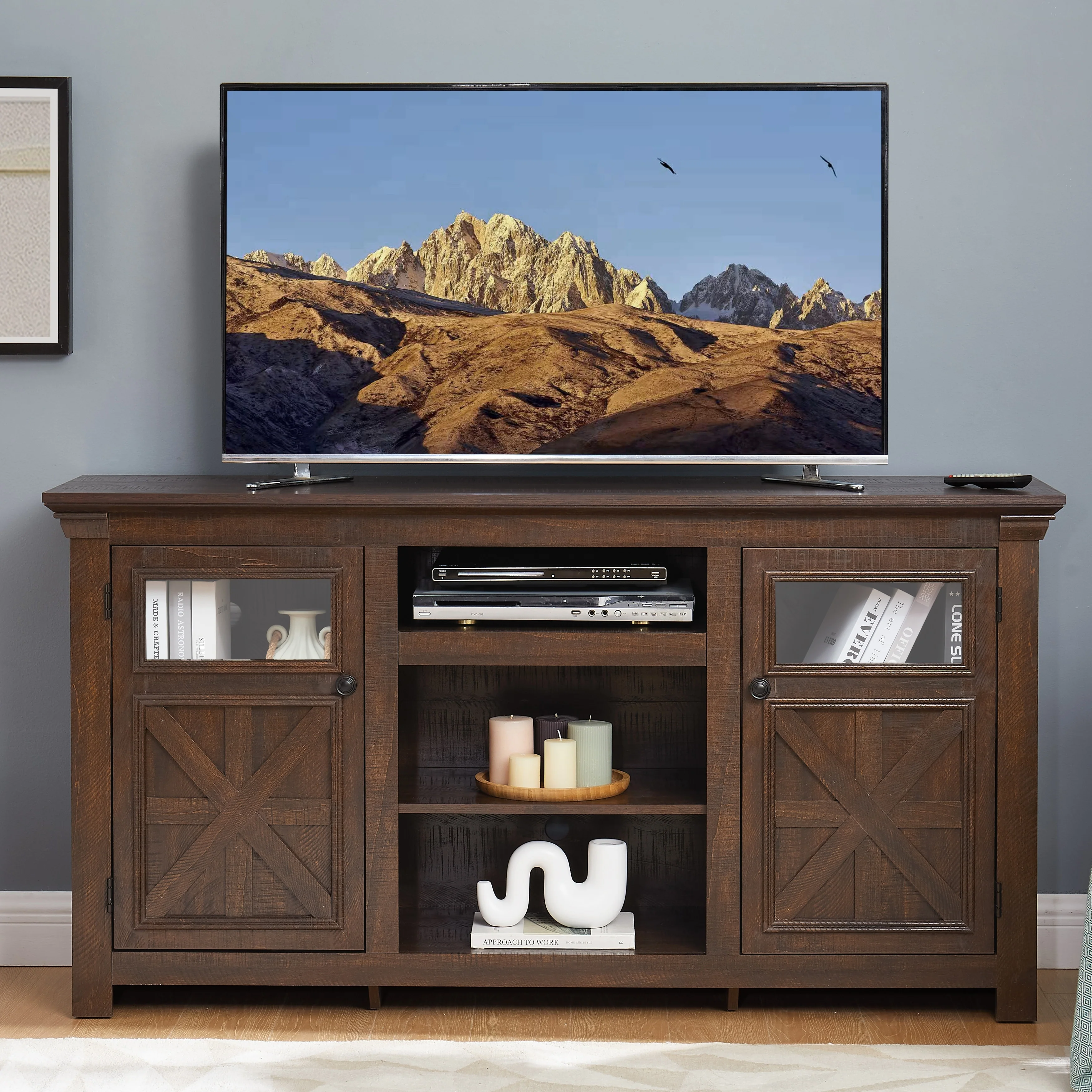 Modern Farmhouse TV Stand with Ample Storage ,Barn-Inspired Entertainment Console Featuring