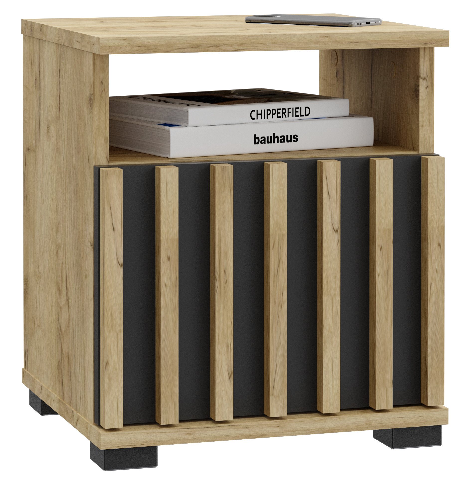 Szafka nocna MONTANA SN40 design z lamelami, dąb craft   czarny