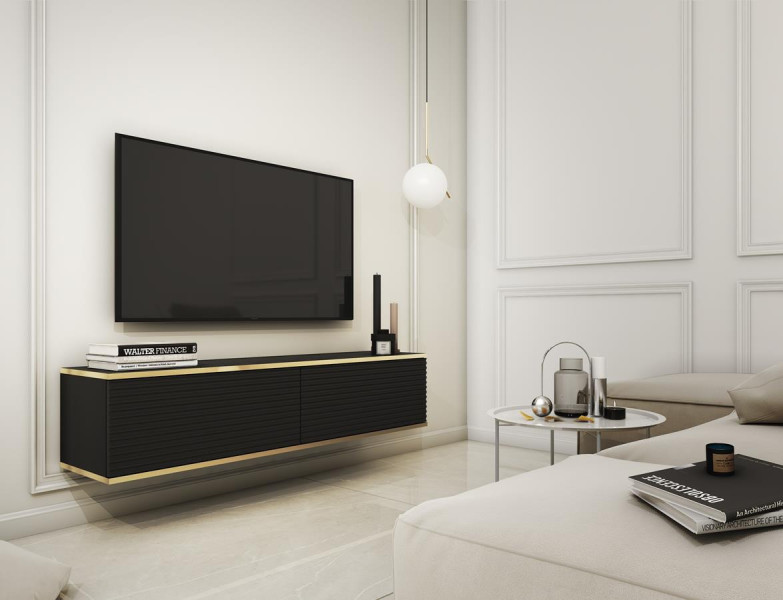 Wisząca szafka RTV ORO MDF 135cm Czarna lamelowane fronty