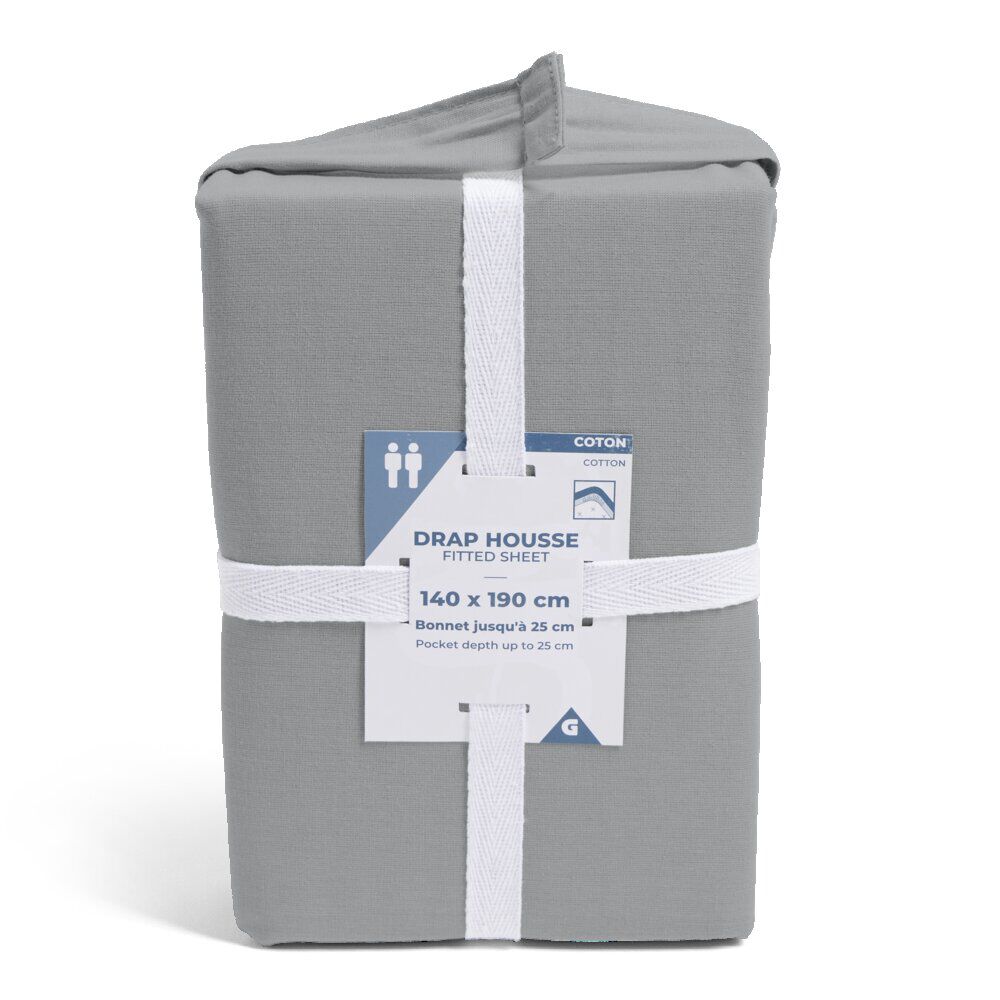 Drap housse 140x190cm 100% coton gris clair