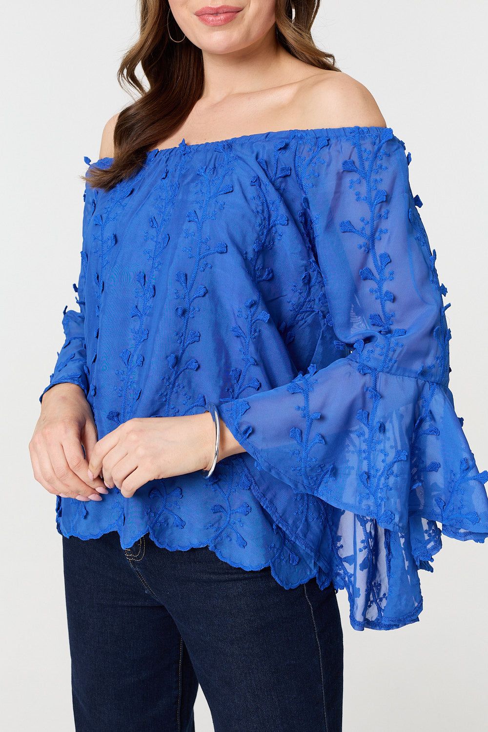 Izabel London Textured Semi Sheer Bardot Blouse