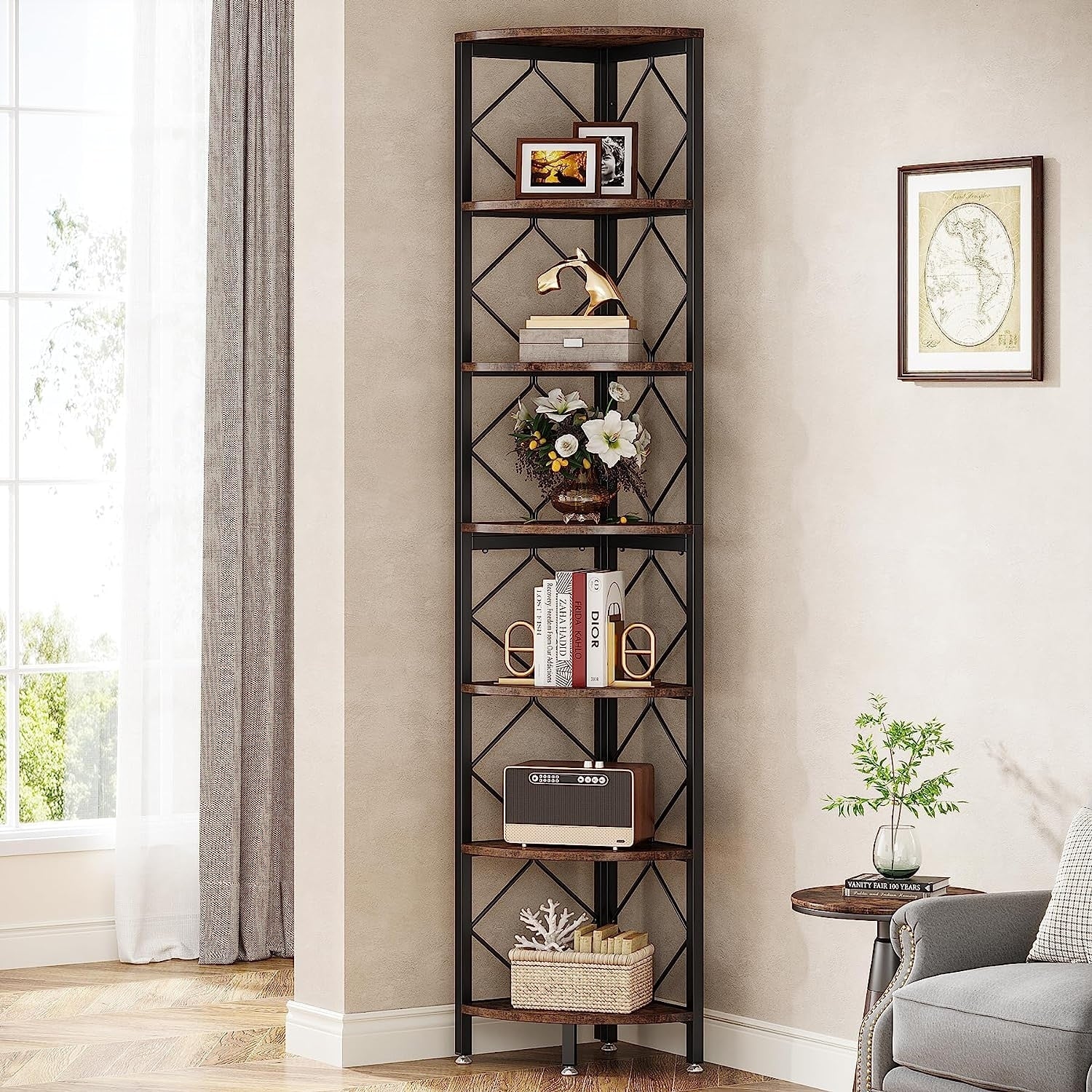 7-Tier Corner Shelf, 78.7” Extra Tall Corner Bookcase