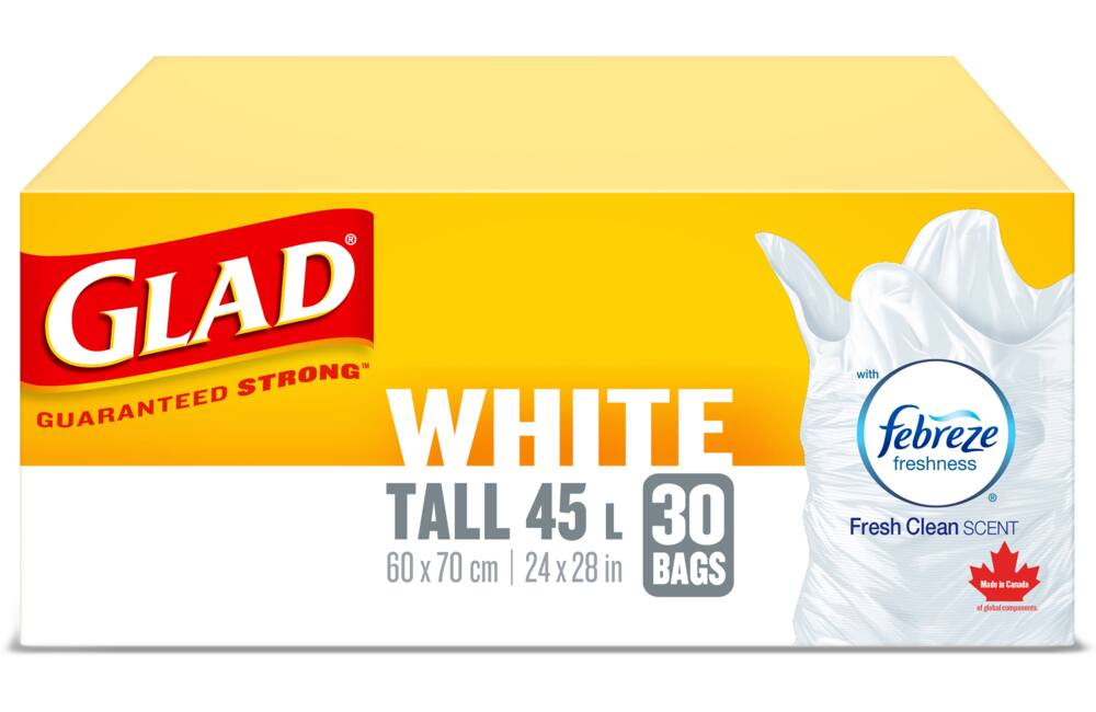 Glad Tall Easy-Tie Flap Febreze Fresh Clean Scent Garbage Bags, 30-pk, White, 45-L
