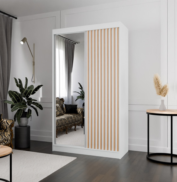 Szafa z lamelami i lustrem 120 cm - biała   lam. craft złoty