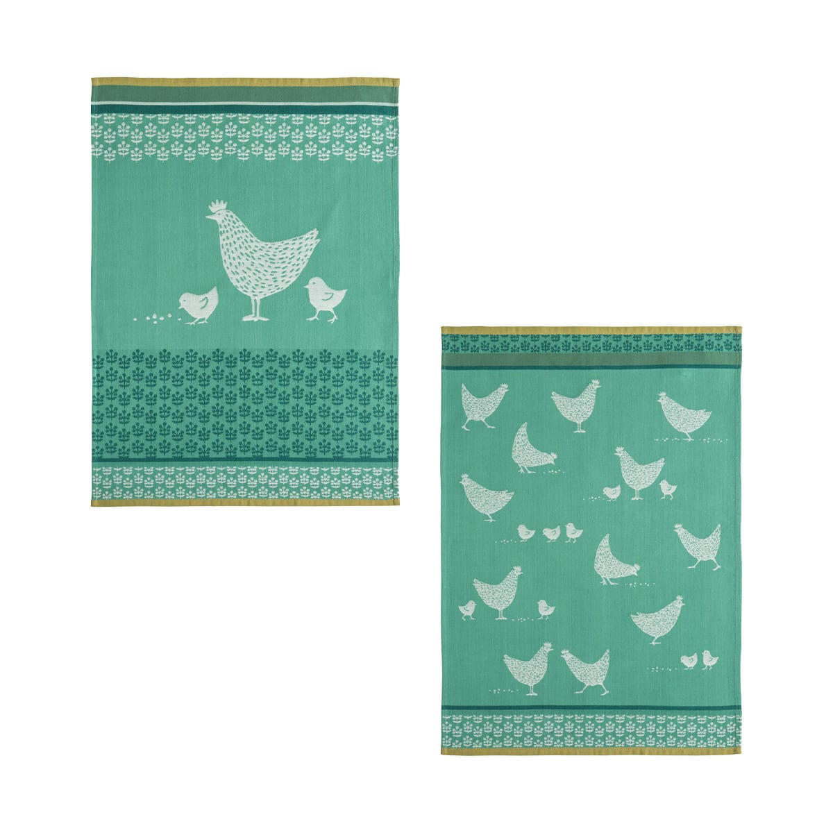 COCOTTE ET POULETTE - Lot de 2 torchons imprimés en jacquard de coton vert 50x75