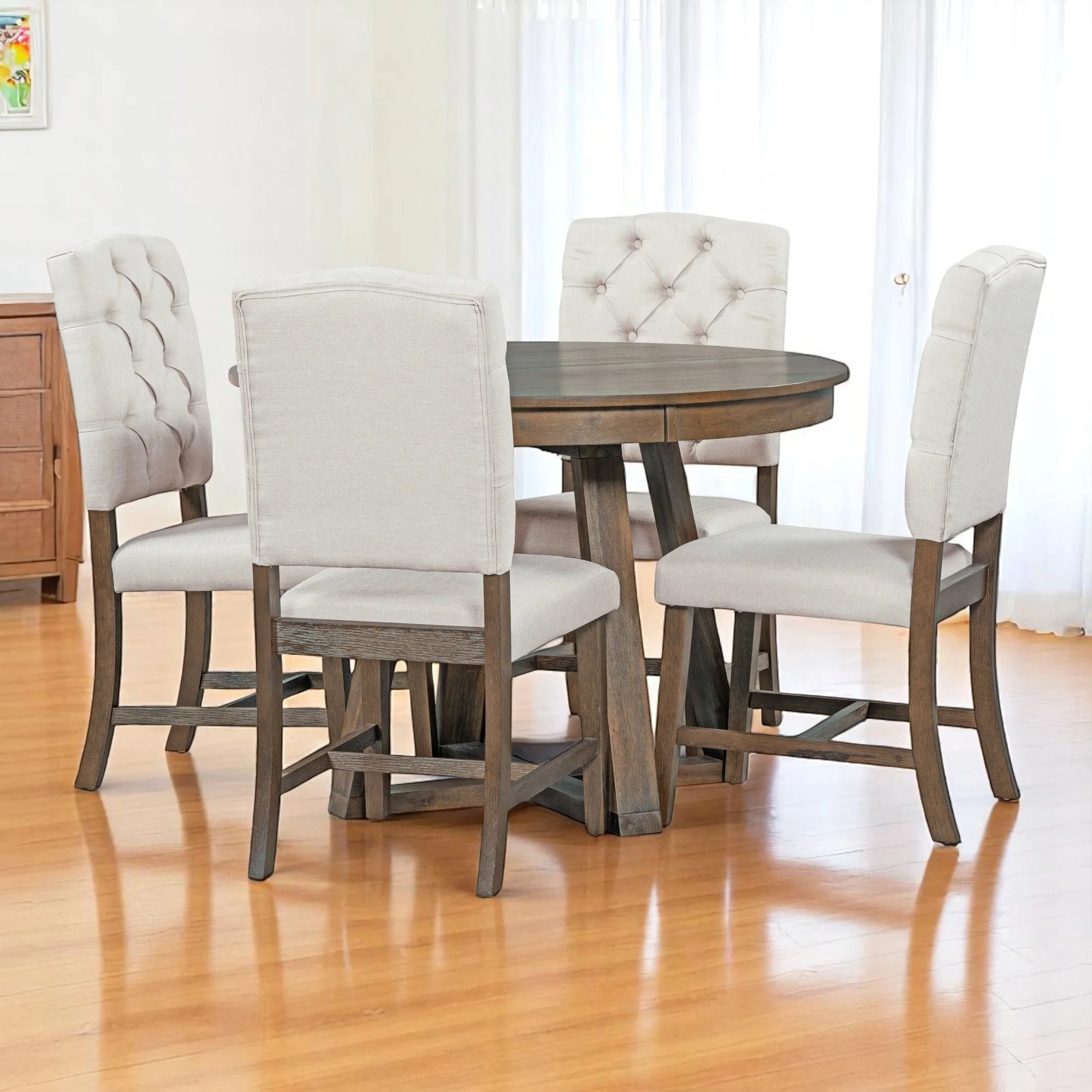 5-Piece Dining Table Set with 4 Upholstered Chairs, 16 Leaf Dining Table, Solid Wood & MDF, for Small Spaces and Dining Rooms