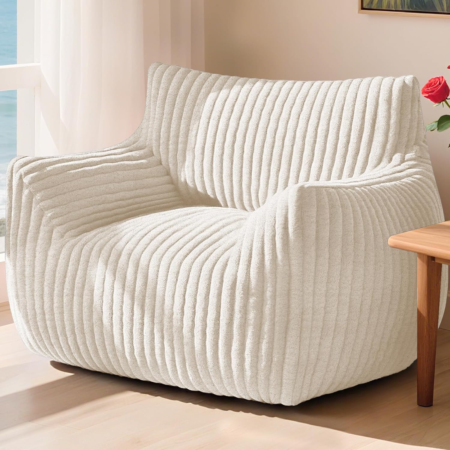 Giant Bean Bag Chair for Adults, Oversized Memory Foam Bean Bag Sofa with Armrests, Large Comfy Fluffy Single Lounges Mini Couch for Living Room, Bedroom & Dorm(Beige)