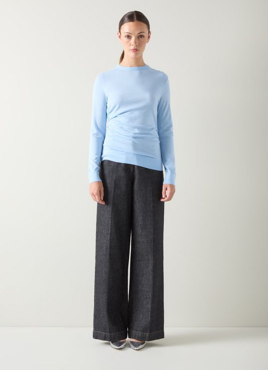 Dora Blue Plain Cotton Gathered Long Sleeve Top