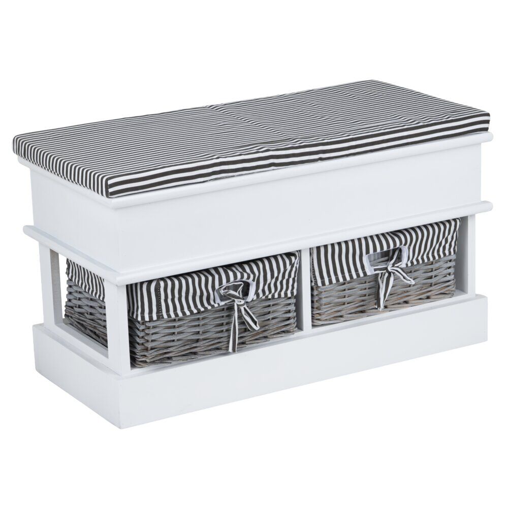 Banc de rangement bois blanc avec 2 panières osier et tissu rayé noir 70x35xH40cm