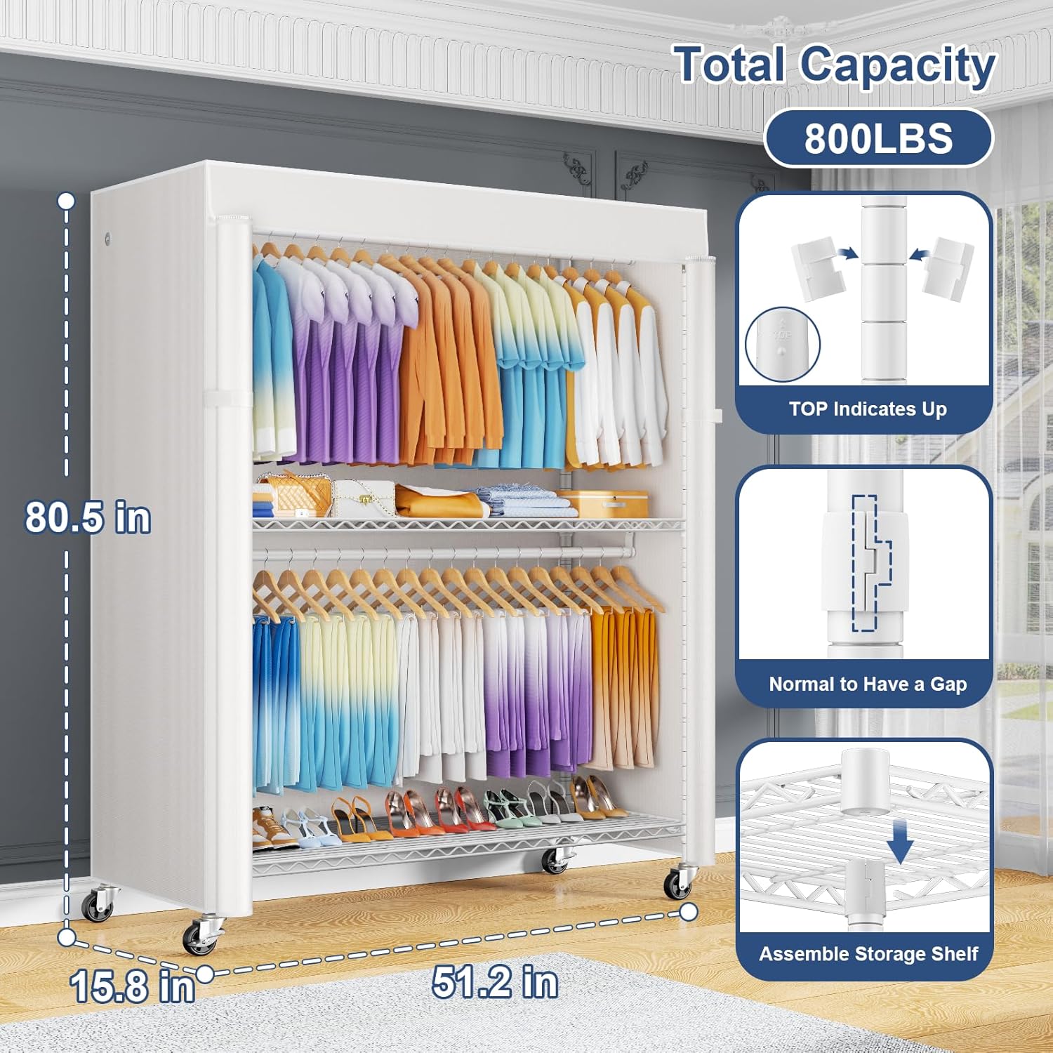 ULIFHOME P8C Max Heavy Duty Clothes Rack（With Extended Width Design） Rolling Clothing Racks for Hanging Clothes with Lockable Wheels，51.2W x 15.8D x 80.5H，Load 700LBS，White Rack with White Cover