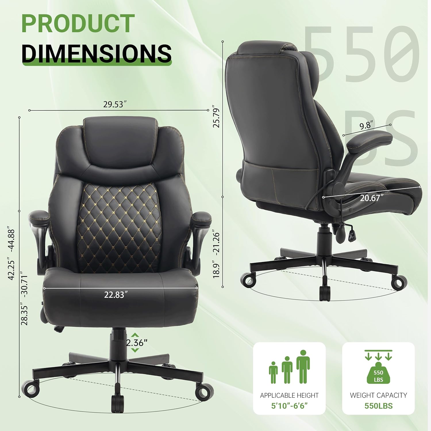 Office Chair, Big and Tall Executive Chairs with Lumbar Support for Back Pain, Breathable Desk Computer Chair with Adjustable Flip-up Armrests, Wide Cushion Swivel Home Office Chair Black PU
