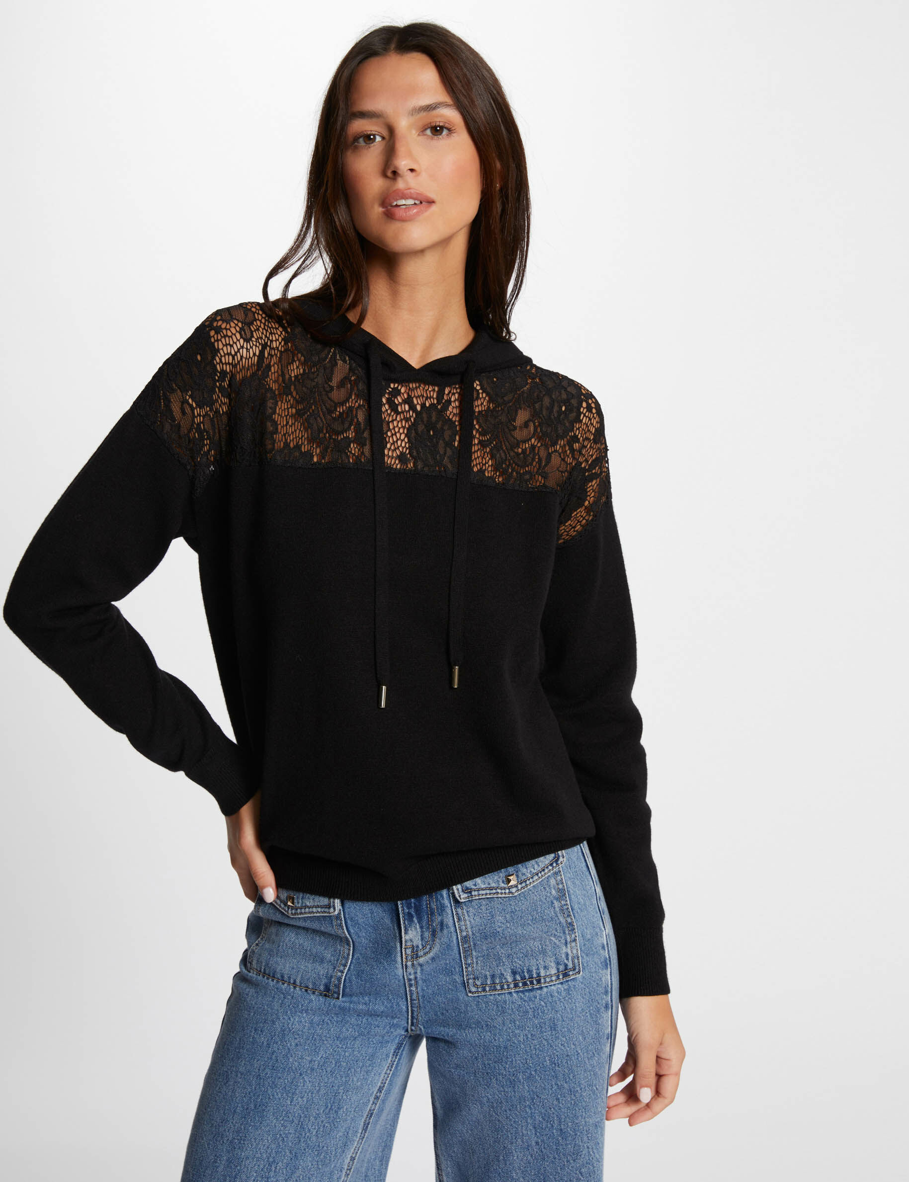 Jumper Hood And Lace Details Black Women