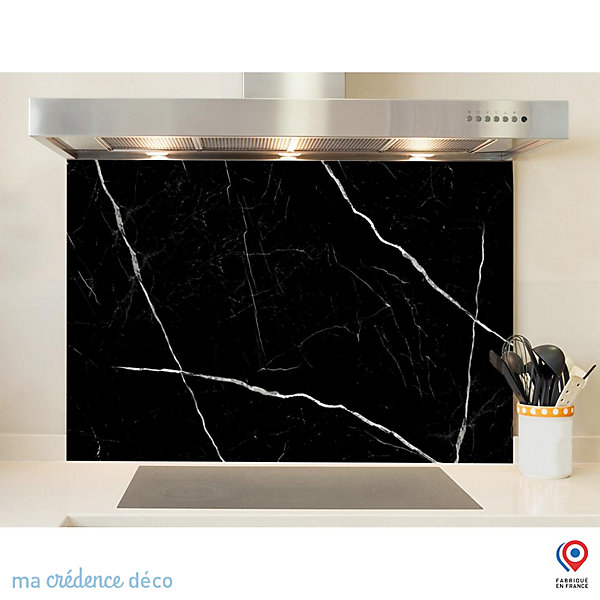 Crédence cuisine fond de hotte Marbre noir - Verre trempé - L 90 cm x H 50 cm - MaCrédenceDéco