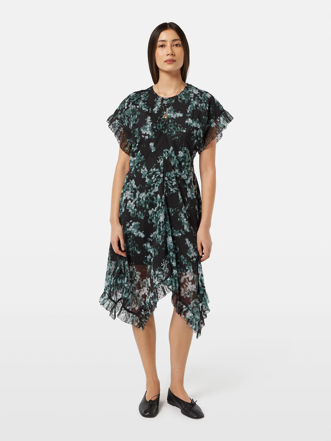 Floral Printed Fil Coupe Mini Ruffle Dress
