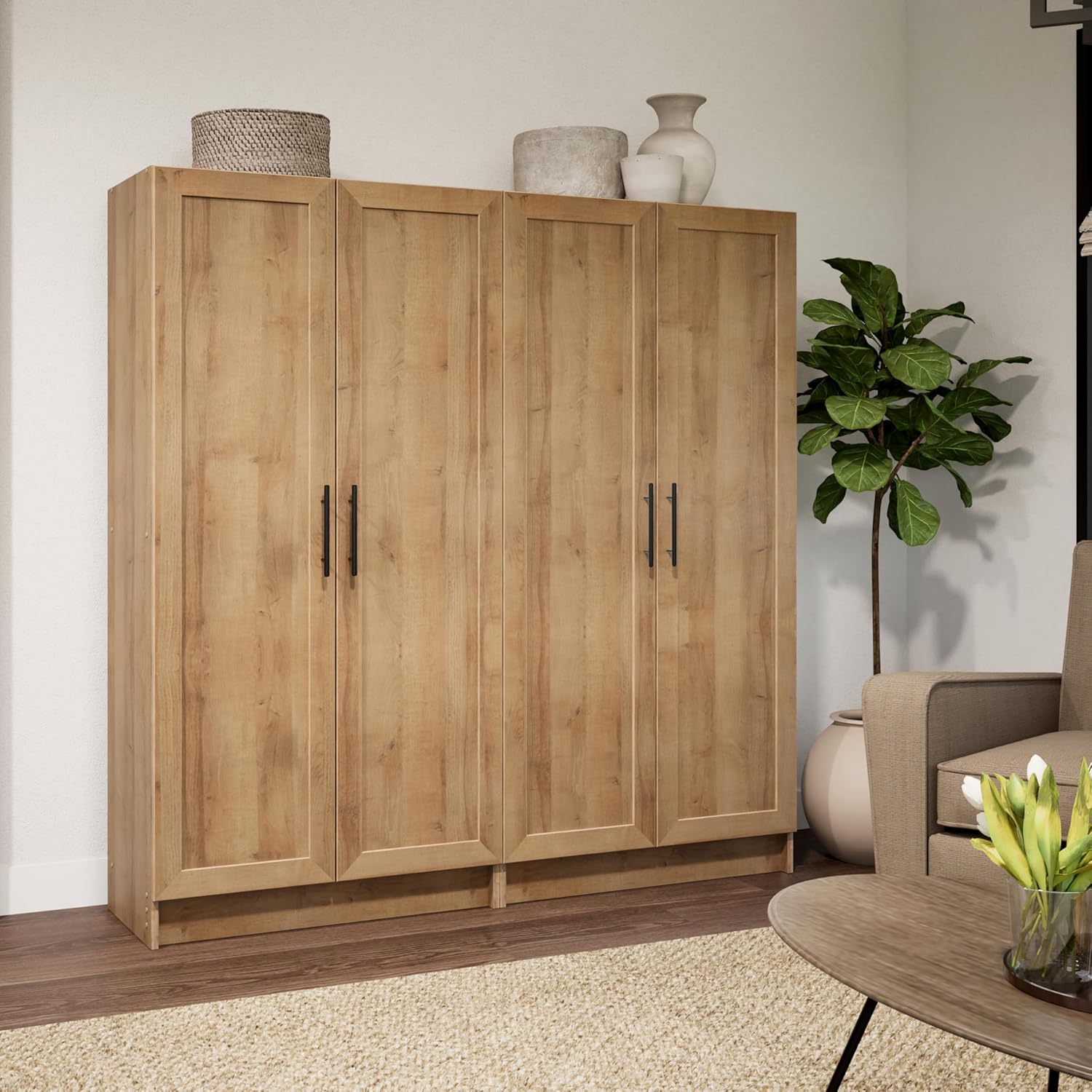 Prepac Natural Oak Elite 65 Tall Accent Kitchen Pantry Cabinet, Craft or Bathroom Storage Cabinet, Buffet Storage with Panel Doors, 3 Shelves, 32 W x 16.75 D x 65 H, Ideal for Home Organization