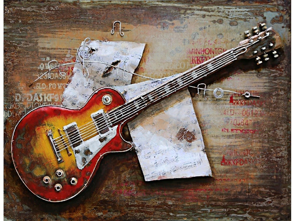 MÉTAL BRASS - Tableau relief en métal guitare colorée 120x80
