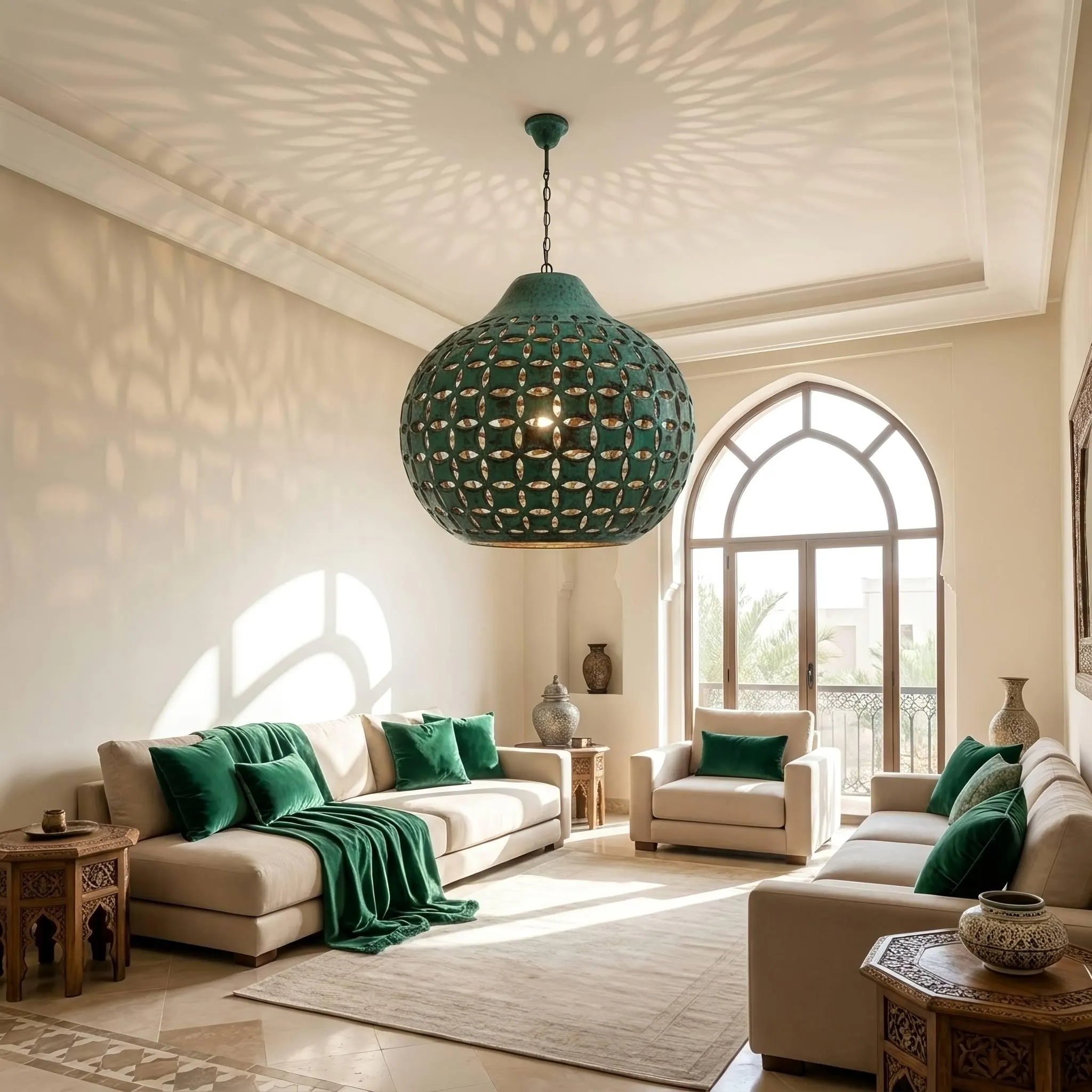 Large Emerald Verdigris Copper Hanging Lamp - Artisan Pendant Lighting for Kitchen & Living Room - Unique Handcrafted Moroccan Decor