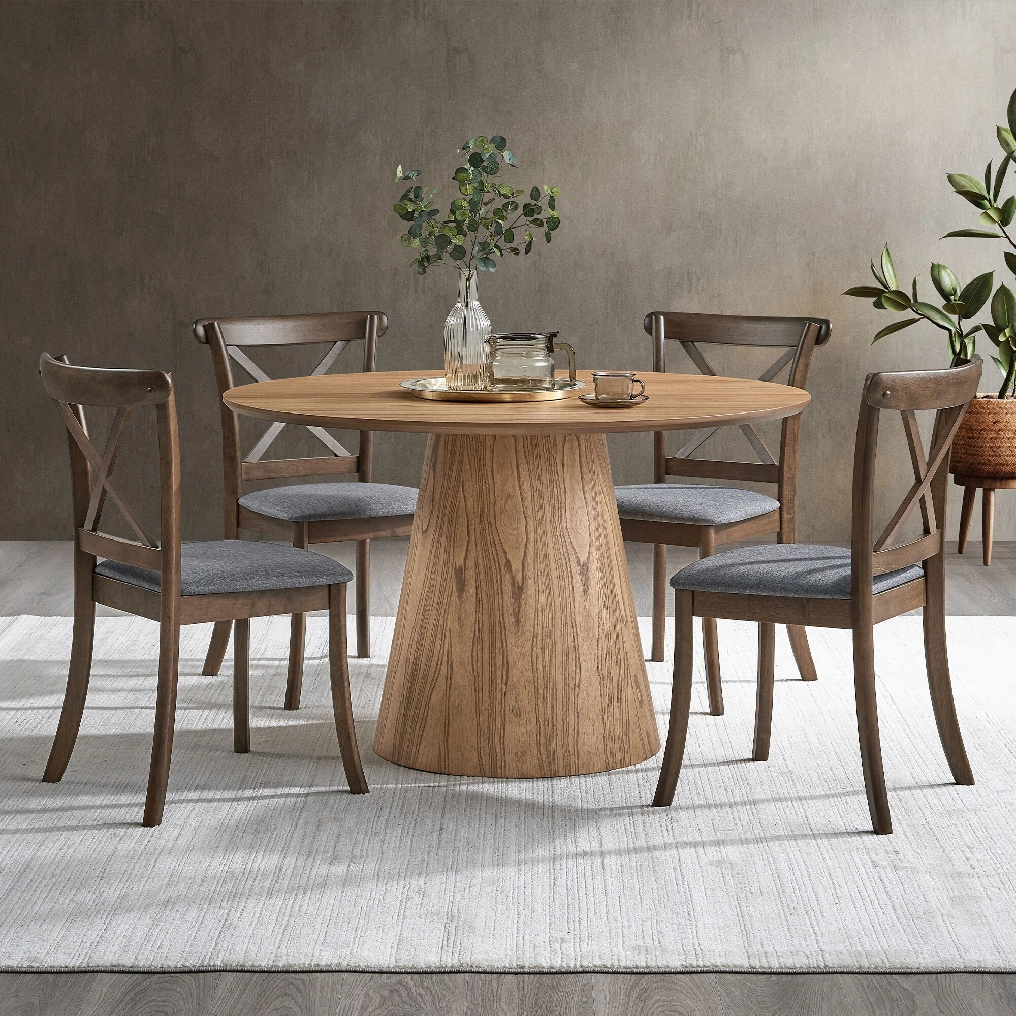 (1 Table with 4 Chairs)Wooden Dining Table Set, Modern Round MDF Kitchen Table and Boucle Upholstered Dining Chairs