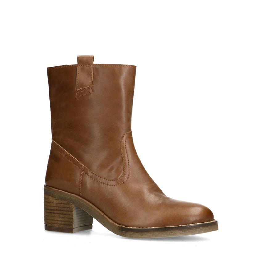 Manfield Cognac leren enkellaarsjes met hak