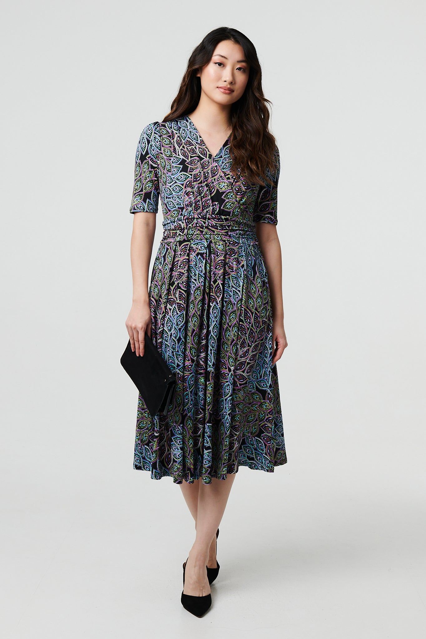 Izabel London Leaf Print 1/2 Sleeve Faux Wrap Midi Dress
