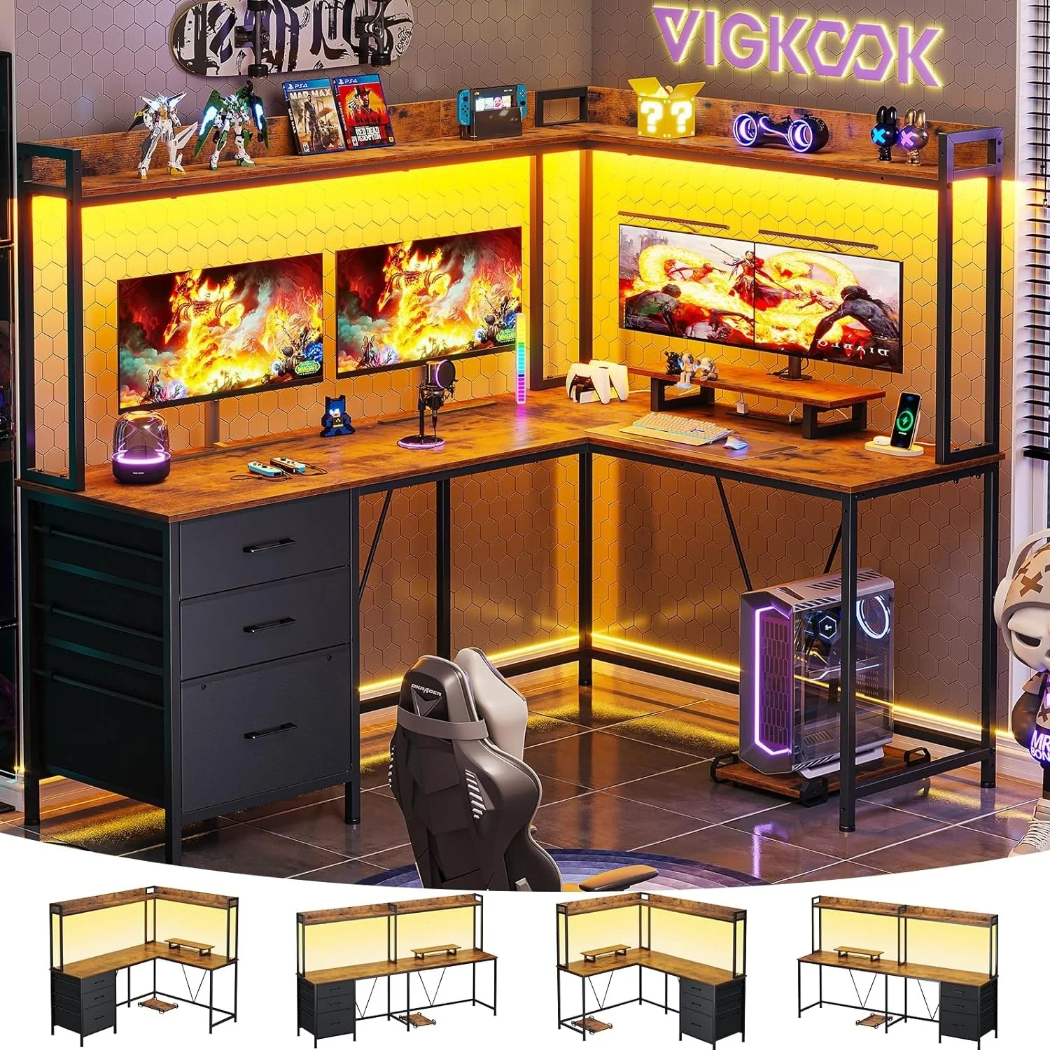 L Shaped Gaming Desk with Hutch Computer Desk with Power Outlet