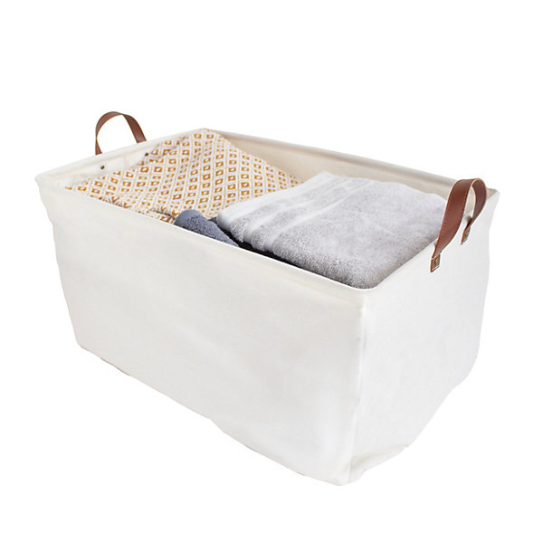Panier à linge blanc avec anses effet cuir marron l.60 x H.30 x P.40 cm, Box &Beyond