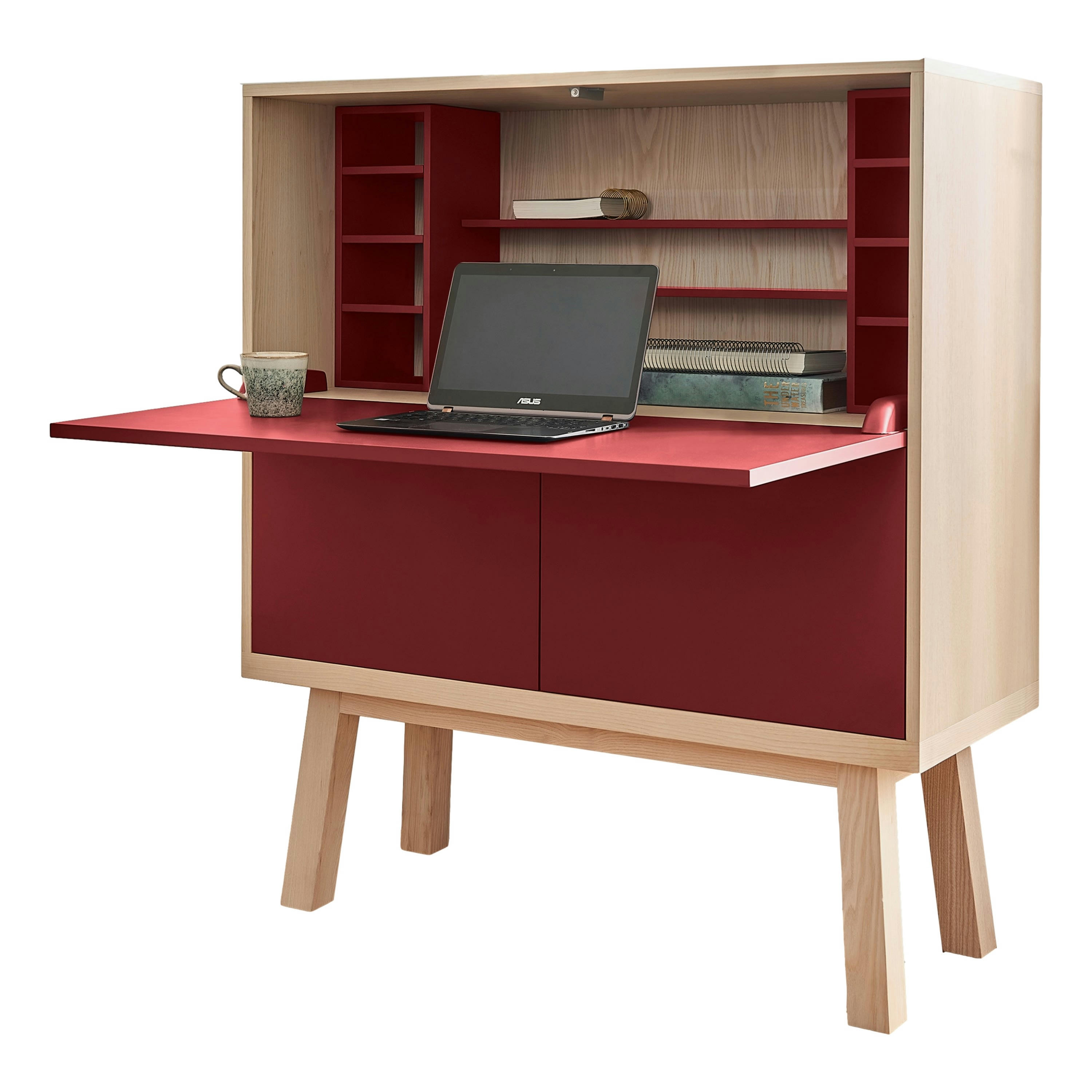 KUBE - Bureau secrétaire avec rangement, 120 cm de large, en frêne